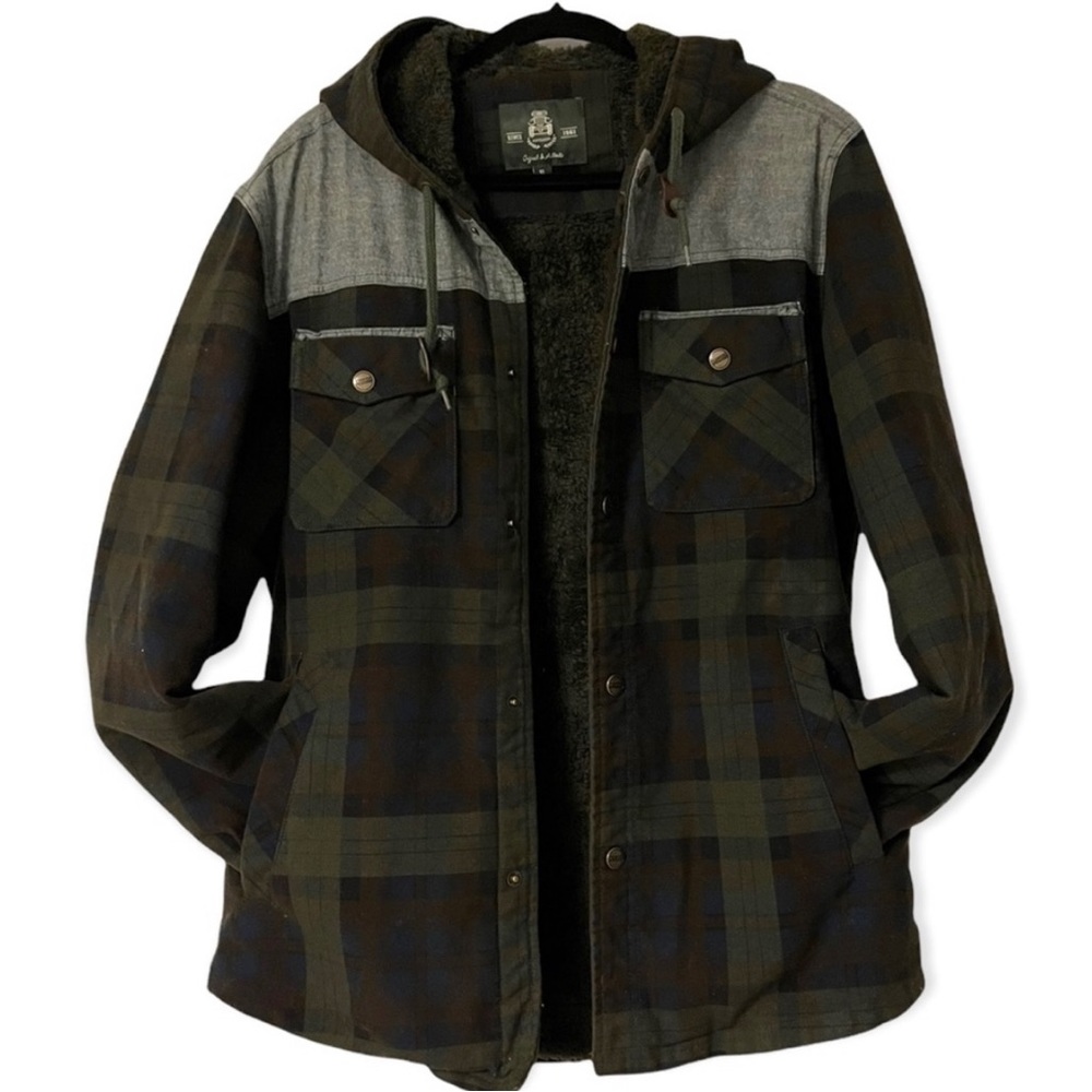 AFS JEEP Hooded Plaid Faux Fur Lined Shirt Jacket Green Grey Brown